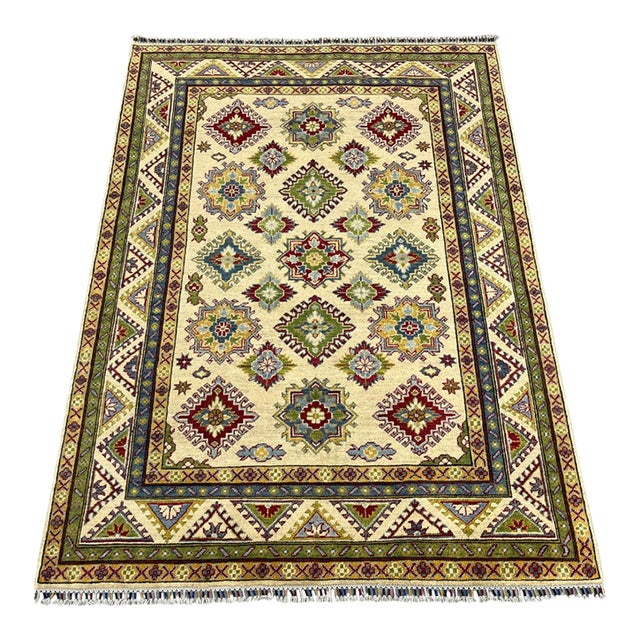 Ivory Kazak Wool Rug With Colorful Medallions, 5'6" X 7'6" For Sale