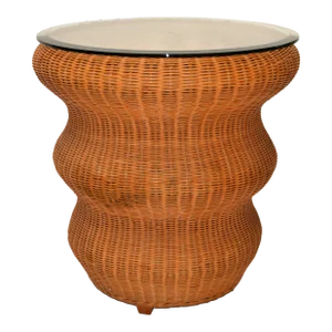 Vintage Bohemian Round Handwoven Rattan & Glass Mushroom Shaped Cocktail Table