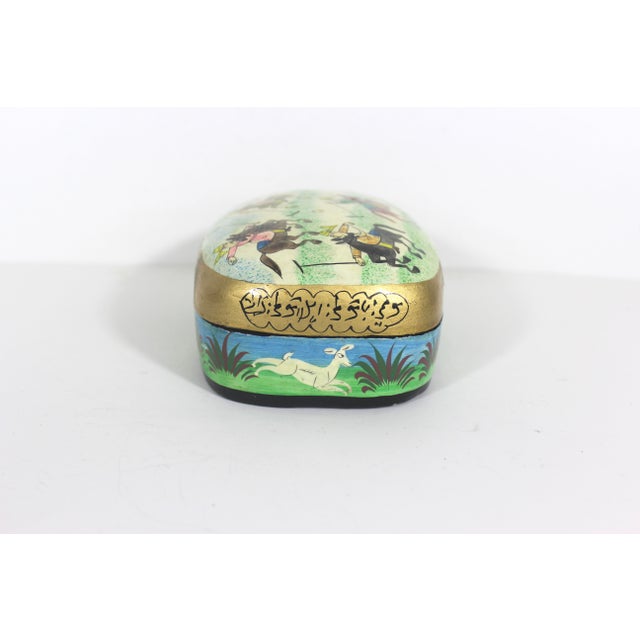 Late 20th Century Vintage Hand Painted Kashmir Trinket Box With Horses Polo Gold Handmade in India, Papier Maché, Paper Mache For Sale - Image 5 of 10