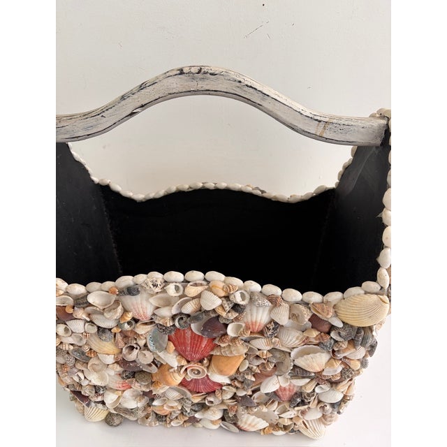 Wood Large Vintage Seashell-Encrusted Wooden Basket With Handle – Handmade Coastal Folk Art Beach House Decor For Sale - Image 7 of 12