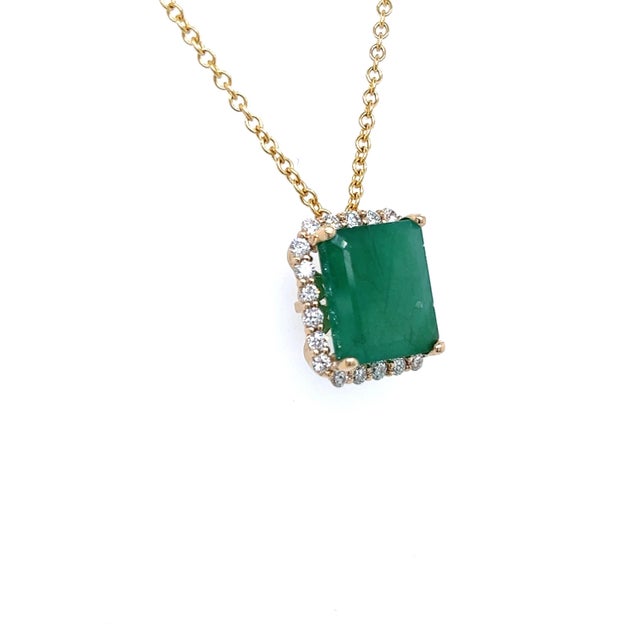 Green Natural Emerald Diamond Pendant Necklace 14k Yellow Gold 5.05 TCW Certified For Sale - Image 8 of 8