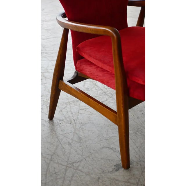 Red Danish 1950's Lounge Chair With Slim Sculptural Carved Oak Frame For Sale - Image 8 of 9