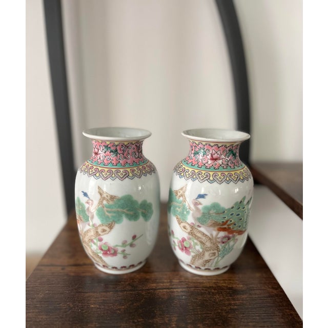 Antique Famille Rose Petite Peacock Vases-a Pair For Sale - Image 9 of 9
