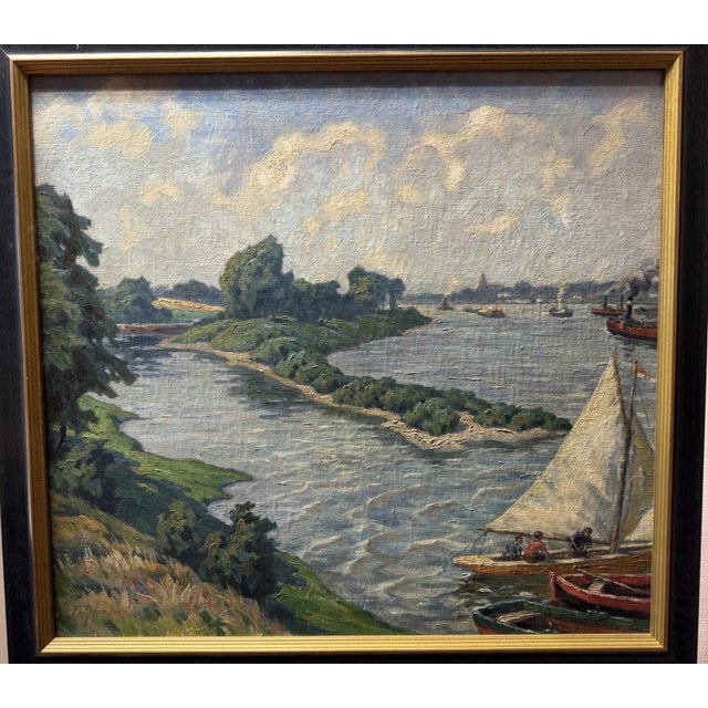 Fritz Zimmer, Harbor in Düsseldorf, Oil Painting on Canvas For Sale - Image 13 of 13
