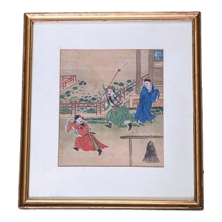 Old Hand Painted Chinoiserie Painting on Silk Circa 1900s For Sale