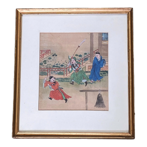 Old Hand Painted Chinoiserie Painting on Silk Circa 1900s