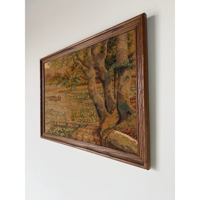 Rustic 1980's Vintage Needlepoint Landscape Textile Wall Art – Framed For Sale - Image 3 of 11