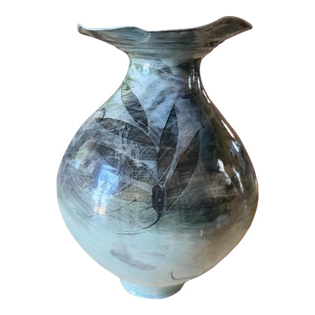 Signed Abstract Studio Pottery Vase With Sculptural Wavy Rim For Sale