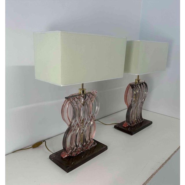 Art Deco Style Pink Murano Glass Table Lamps, 2000s, Set of 2 For Sale - Image 4 of 10