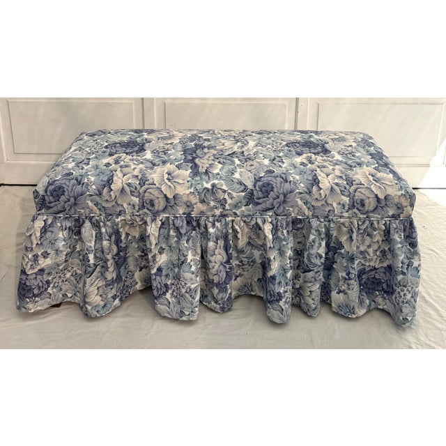 Mario Buatta English Traditional Skirted Upholstered Bench in Blue Floral Fabric, Newly Recovered For Sale - Image 4 of 11