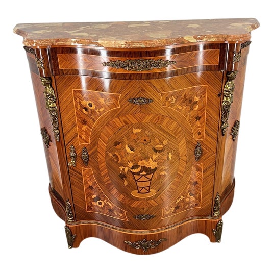 Vintage French Inlaid Cabinet with Brass Ormolu and Marble Top For Sale