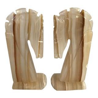 Vintage Neoclassical Onyx Horse Head Bookends- a Pair For Sale