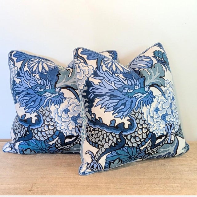 Schumacher Chiang Mai Dragon Pillows in China Blue With Aqua Pave Print Backs - Pair For Sale - Image 11 of 11