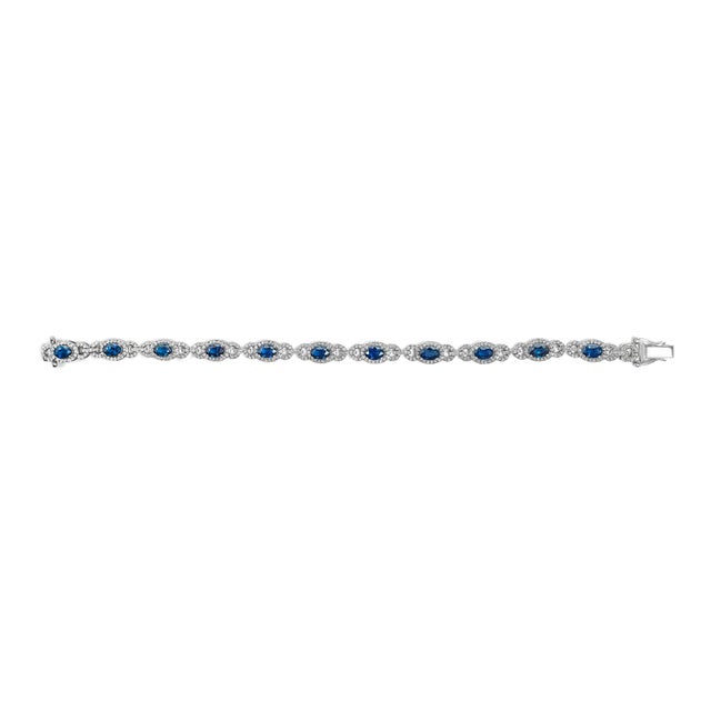 Contemporary 14K White Gold Vintage-Inspired Oval Blue Sapphire & Diamond Link Bracelet For Sale - Image 3 of 5