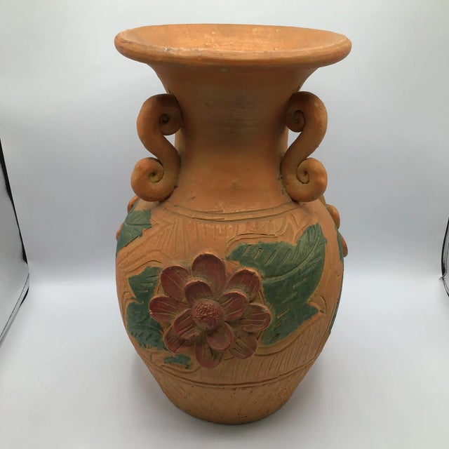 Large Hand Thrown 3 Handle Terra-Cotta Vase Floral Decorated For Sale - Image 13 of 13