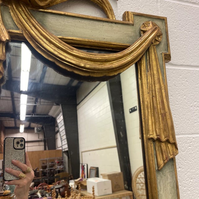 Wood Vintage Italian Hollywood Regency Mirror With Large Carved Gilt Shell and Verdigris Frame For Sale - Image 7 of 7