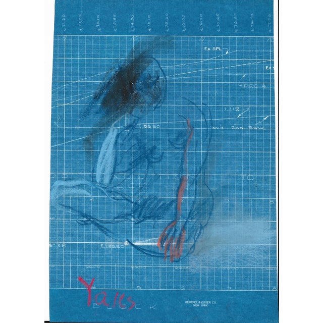 1968 pastel drawing of a standing female nude on blueprint paper by artist Katherine Yares. This comes from her student...