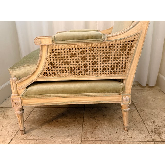 Mid 20th Century Rare Pair Louis XVI French Style Carved Bergere Chairs With Cane Sides For Sale - Image 9 of 16