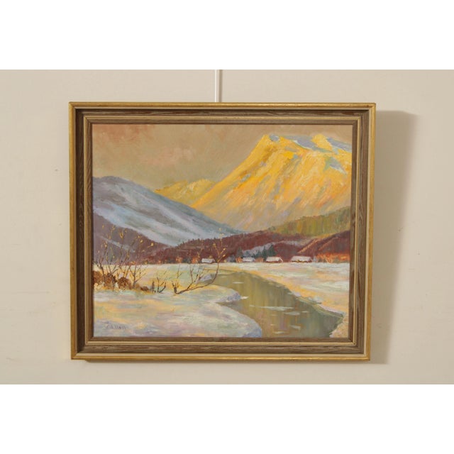 High Quality Vintage Original Oil Painting Depicting Winter Sunrise or Sunset on Mountain Landscape