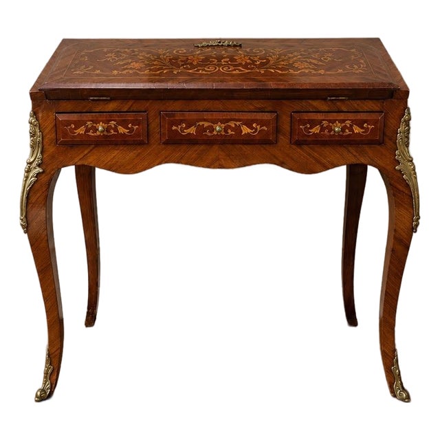 Late 19th Century French Louis XV Style Marquetry Writing Desk With Ormolu Mounts For Sale