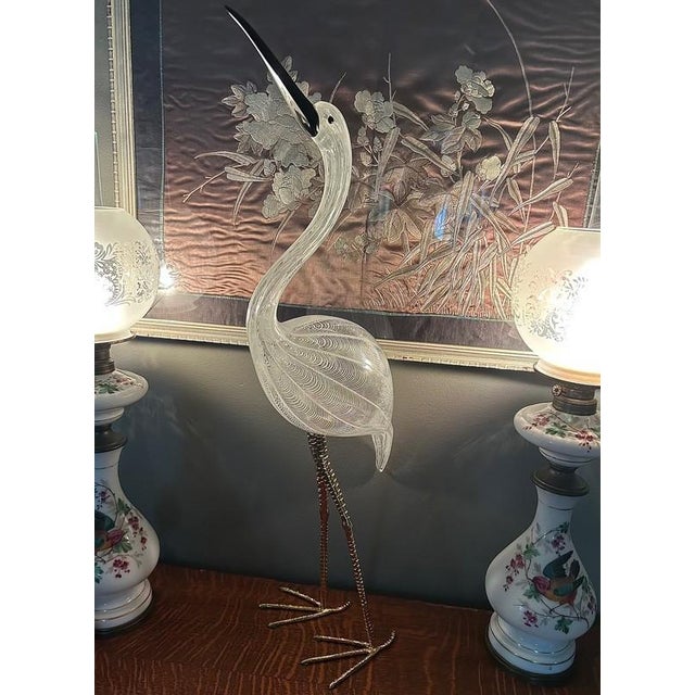 Stunning Vintage Italian Art Glass Crane Sculpture by Licio Zanetti, Murano Italy c.1970. Engraved Zanetti signature as...
