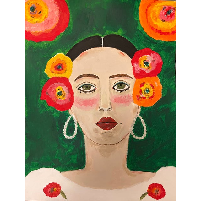 A contemporary abstract painting of a woman influenced by artist and fashion icon Frida Kahlo done on paper with acrylic...