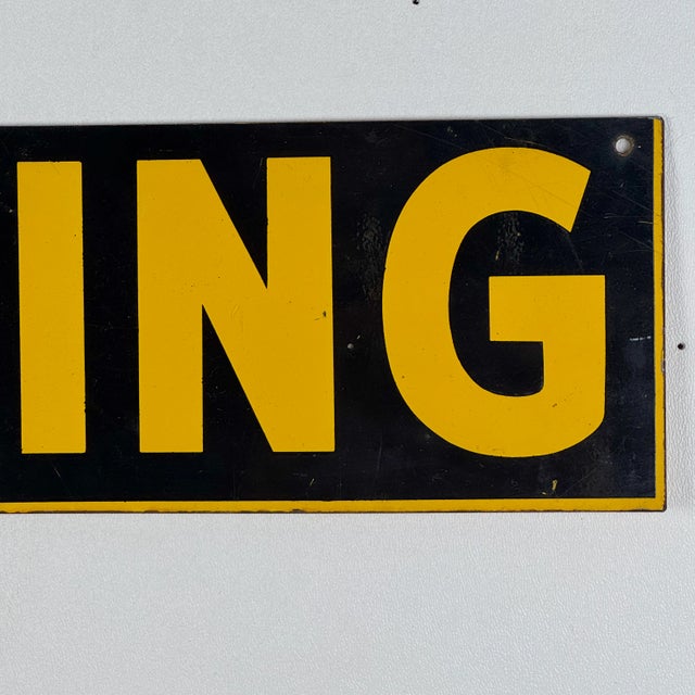 Metal Vintage "Warning" Enamel Sign in School Bus Yellow, and Black For Sale - Image 7 of 7