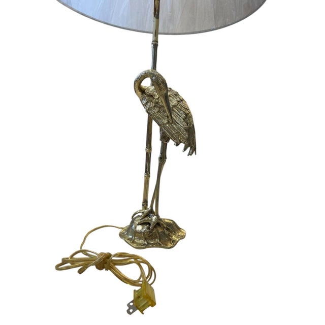 Brass Vintage Hollywood Regency Brass Crane & Faux Bamboo Table Lamp For Sale - Image 8 of 12