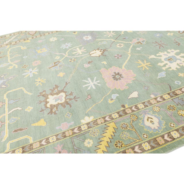 2020s Modern Sage Green Oushak Style Wool Area Rug With Pastel Geometric Floral Accent For Sale - Image 5 of 12