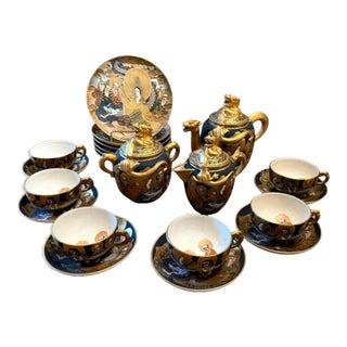 Late 20th Century Japanese Satsuma Dragonware 24 Pc Tea Set Immortals Dragons Hand Painted Gilt - 24 pcs For Sale