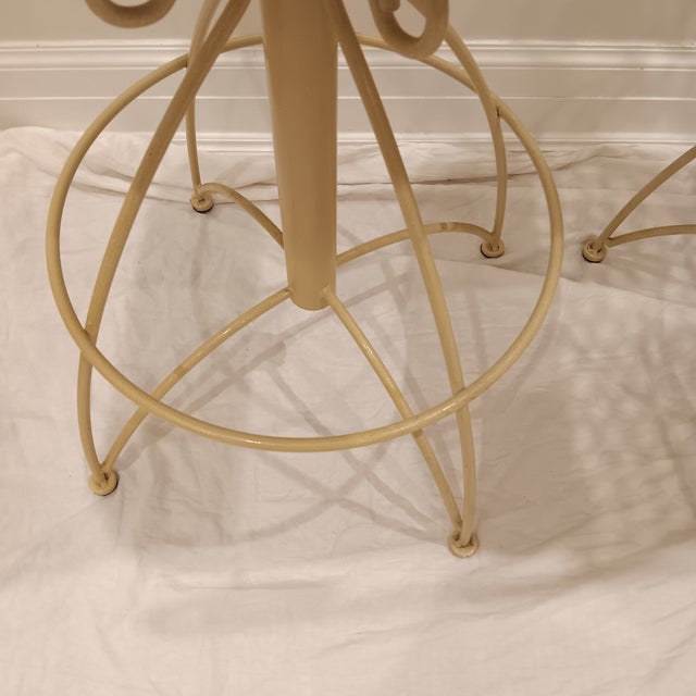 Vintage French Style Wrought Iron Indoor/Outdoor Swivel Barstools W/Cream Coating, Lattice Back and a Beautiful Silky Cream Upholstered Seat, 3 Pieces For Sale - Image 15 of 16