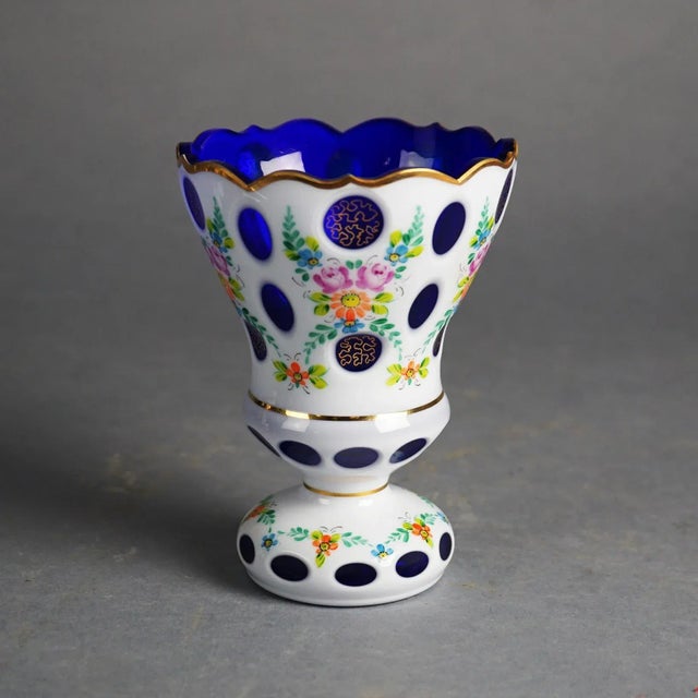Bohemian Hand Painted & Gilt Cobalt Cut to Clear Glass Footed Vase, Early 20th Century For Sale - Image 6 of 10
