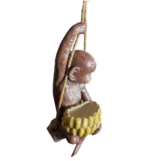 Hanging Planter Swinging Monkey With Banana Bowl “Porch Monkey” Vintage 1970s For Sale - Image 4 of 11