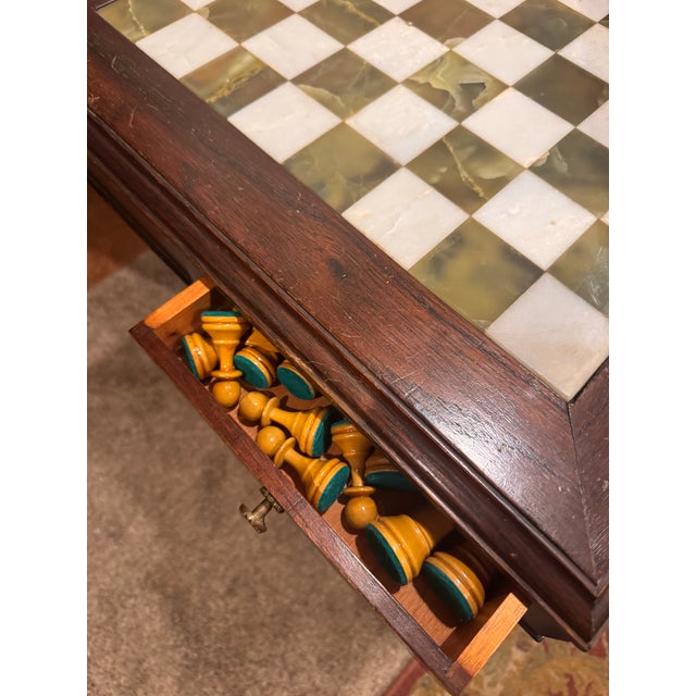 Rustic Vintage Argentine Marble & Wood Chess Game Table With Storage Drawers and Original Marble Pieces For Sale - Image 3 of 12
