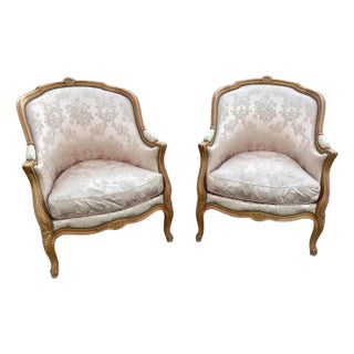 Pair of Romantic French Bergères Chairs W/ Pink Silk Upholstery For Sale