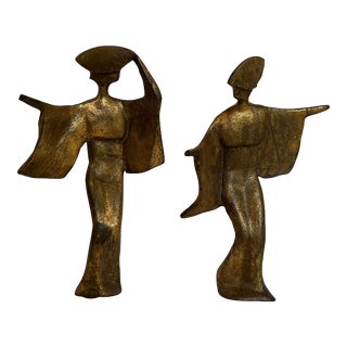 Mid Century Gold Gilt Japanese Geisha Dancer Sculptures Set of 2 For Sale