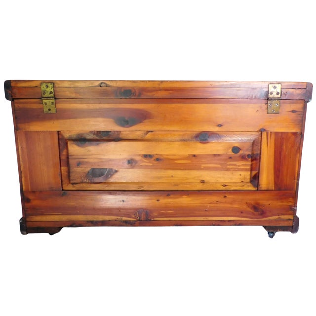 Wood Vintage Rustic Country Farmhouse Cedar Lined Trunk With Caster Wheels For Sale - Image 7 of 13