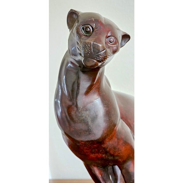 Metal Art Deco Style Patinated Bronze Charging Panther Sculpture on Tiered Base – Hollywood Regency Statement Piece For Sale - Image 7 of 17