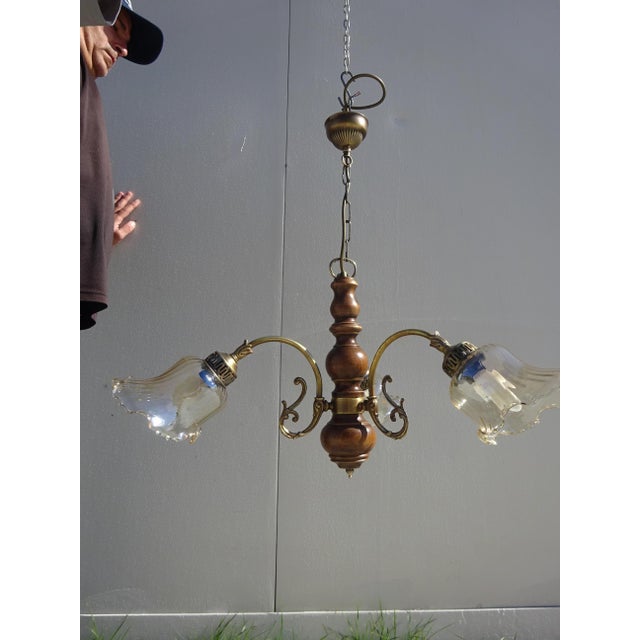 Wood, Bronze and Glass Three-Light Chandelier, 1980s For Sale - Image 12 of 13