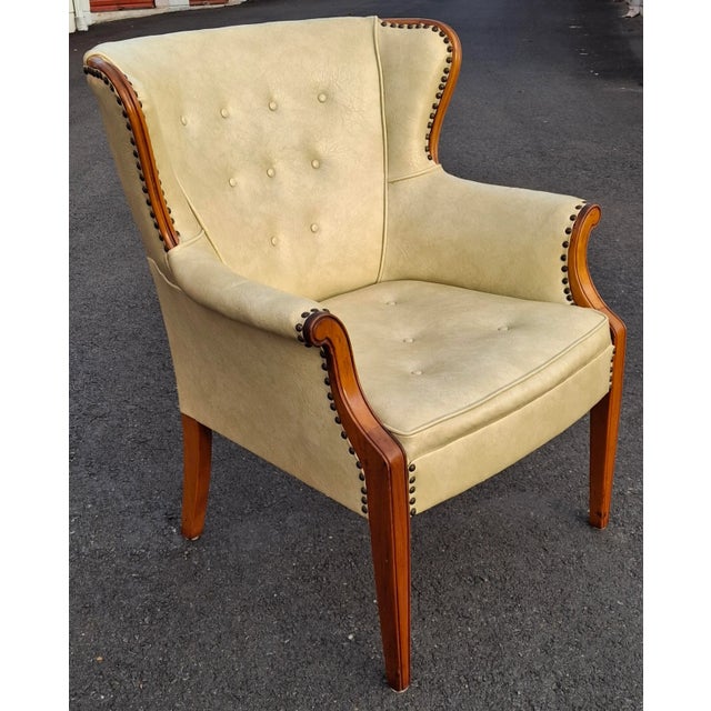 Pair Mid 20th Century Mahogany and Tufted Vinyl Upholstered Wingback Chairs For Sale - Image 13 of 14