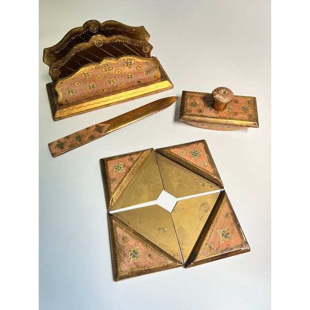 Mid 20th Century Mid 20th Century Pink and Gold Florentine Desk Set- 4 Pieces For Sale - Image 5 of 7