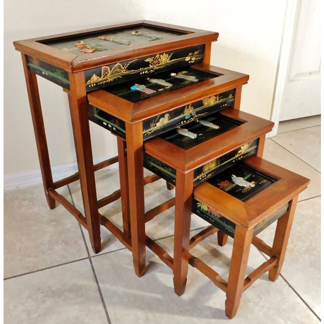 Vintage Chinese Asian Oriental Solid Wood Hand Carved Soapstone Figural Nesting Tables - Set of 4 For Sale - Image 13 of 13