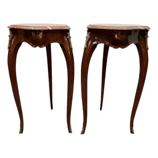 Marquetry and Brass Occasional Tables with Marble Tops, Set of 2 For Sale