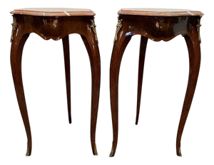 Marquetry and Brass Occasional Tables with Marble Tops, Set of 2