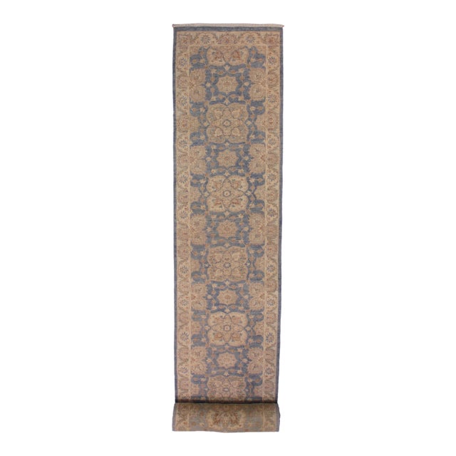 Ziegler Blue/Ivory Wool Runner Rug- 2'8'' X 12'6'' For Sale