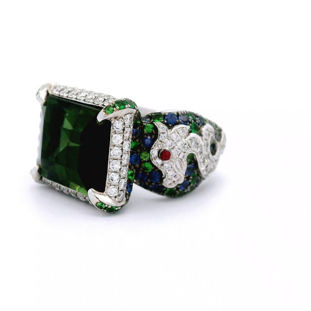 Tourmaline Diamond Ruby Tsavorite Sapphire 18k White Gold Cocktail Ring, Size 6 For Sale In Los Angeles - Image 6 of 8
