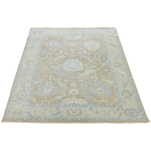 10x14 Modern Oushak Style Hand-Knotted Wool Rug in Neutral Beige & Slate Blue For Sale - Image 10 of 12