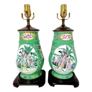20th Century Canton Enamel Mandarin & Bird Motif Vases, Now as Lamps - a Pair For Sale