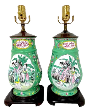 20th Century Canton Enamel Mandarin & Bird Motif Vases, Now as Lamps - a Pair