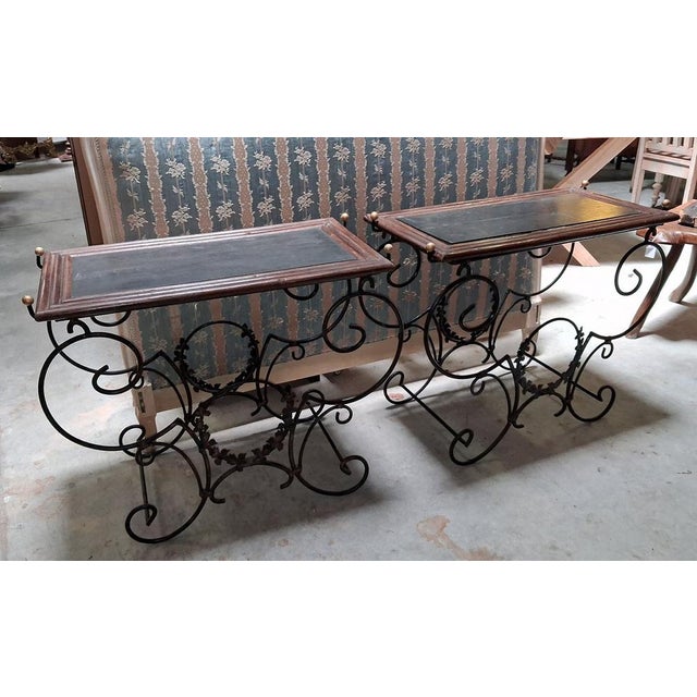 Black Mid-Century Wrought Iron and Blackened Wood Consoles, 1950s, Set of 2 For Sale - Image 8 of 9